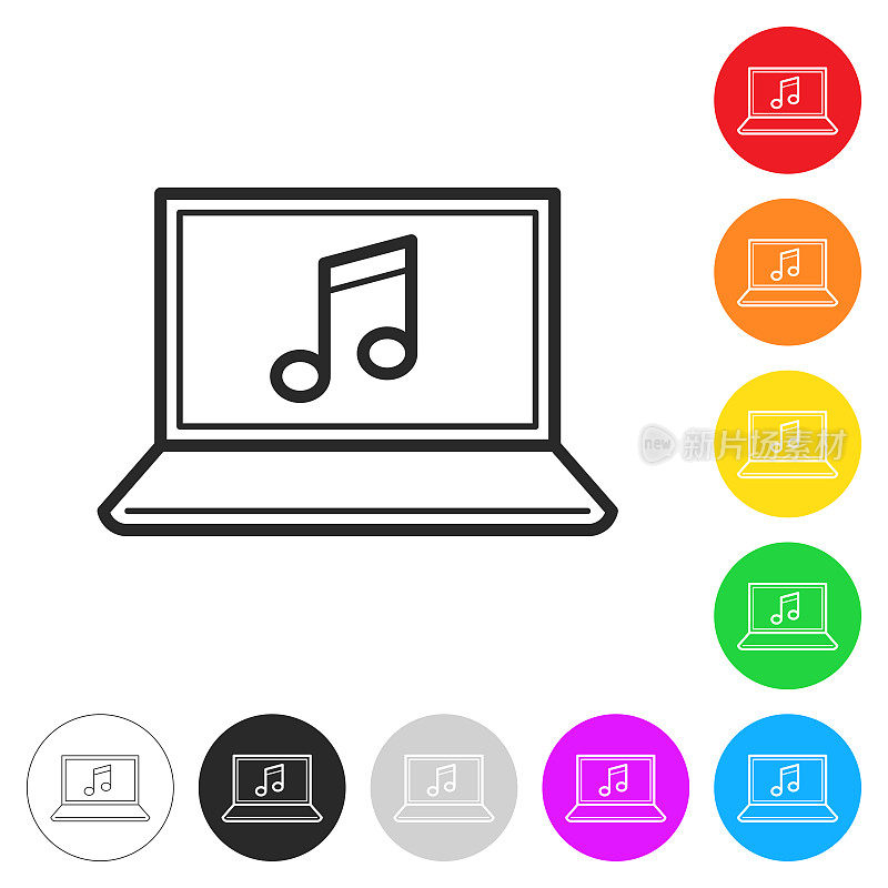 音乐上的笔记本电脑。彩色按钮上的图标