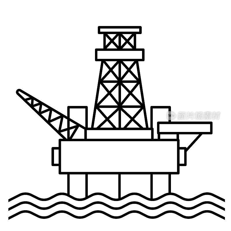 海上石油生产，海上钻井。矢量线艺术插图