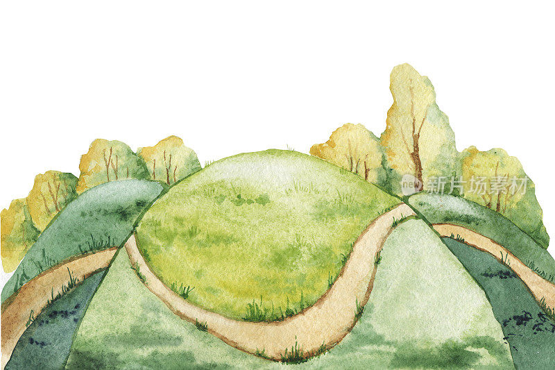 夏季景观，田野，草地，山丘，森林，树木，手绘水彩插图孤立在白色背景上