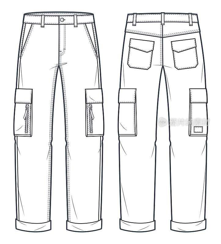 工装裤技术时尚插图。牛仔裤裤子时尚平面技术图纸模板，口袋，前后视图，白色，女性，男性，男女通用的CAD模型。
