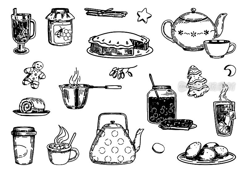 套舒适的冬季食物，饮料。茶壶、马克杯、自制面包店、蜂蜜、浆果果酱、饼干、热葡萄酒的涂鸦。手绘矢量插图。轮廓剪辑艺术收藏孤立的白色。
