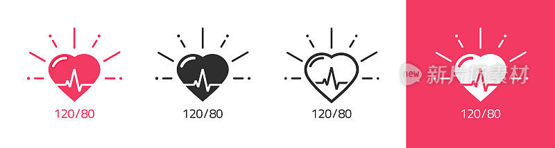 心脏跳动图标线条艺术矢量或医学心跳节奏和血压平面象形图图形如心电图轮廓轮廓标志，高血压脉搏保健图像黑白剪辑艺术