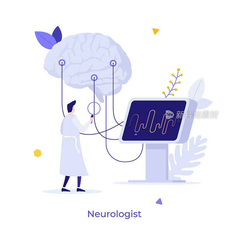 神经学家、神经科学家、内科医生用脑电图指示看大脑连接显示。神经学概念，神经科学，脑电图。现代平面彩色矢量插图。