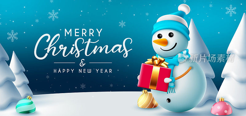 圣诞雪人问候矢量设计。圣诞快乐排版文字与可爱的雪人字符在户外雪给礼物，为冬季节日前夕。