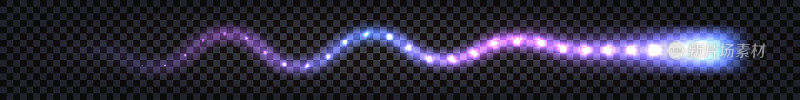 发光的霓虹灯尾迹，蓝色和紫色的激光光束和火花，电波漩涡。魔术、科技、动感、闪光。孤立透明矢量图