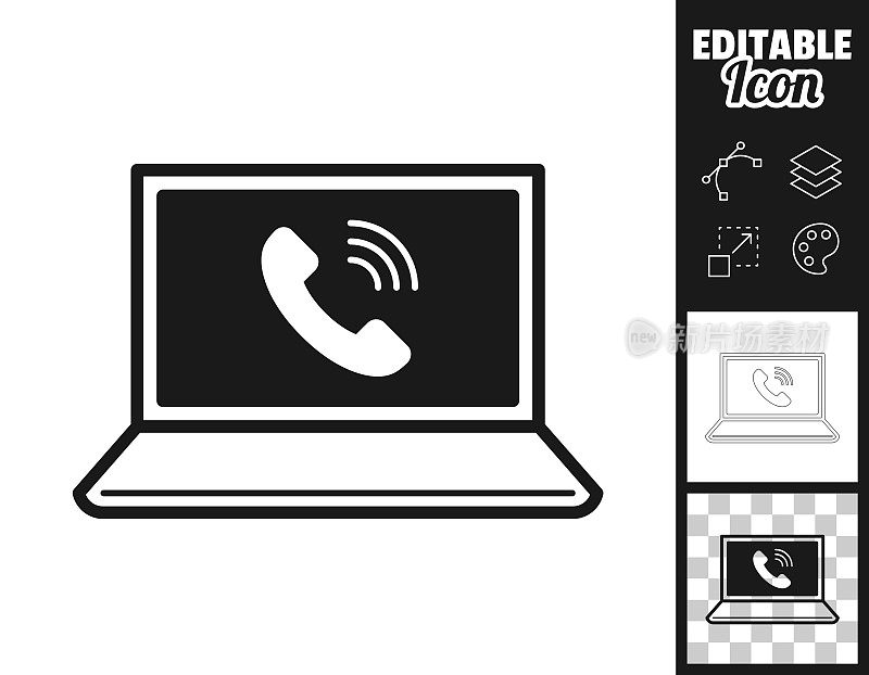 有来电的笔记本电脑。图标设计。轻松地编辑