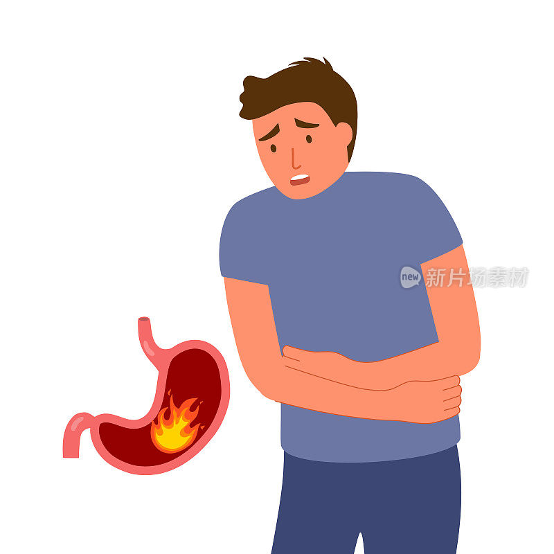 男人在胃矢量图中感到疼痛。胃酸反流疾病和消化系统问题。胃灼热的概念。