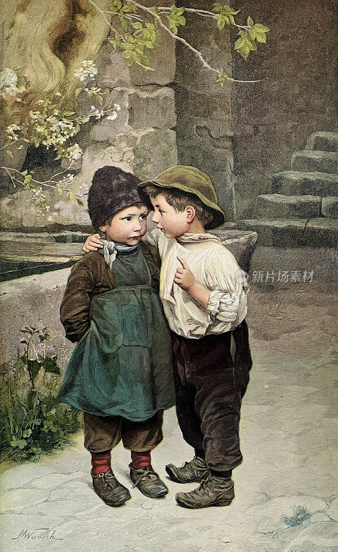 男孩和女孩分享一个秘密，站在户外