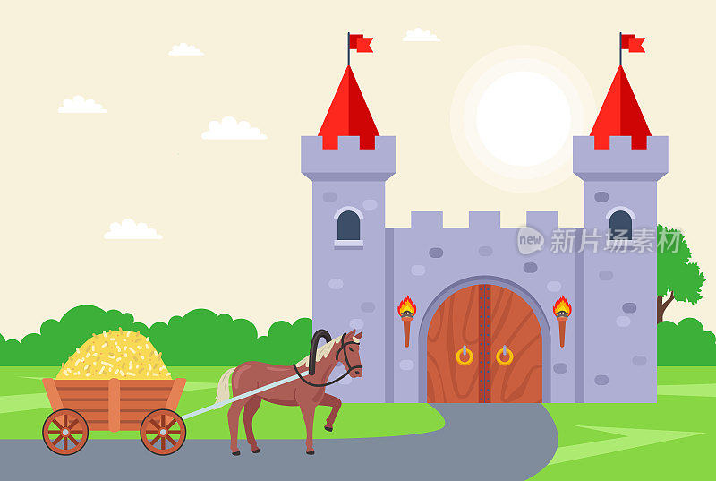 中世纪的城堡和通往城堡的路。一辆运干草去城堡的马车。平面向量插图。