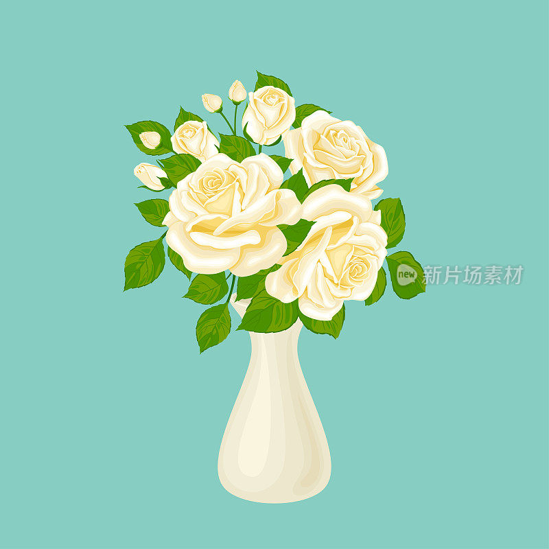 蓝色背景白玫瑰花束的贺卡。花瓶里美丽的花朵。矢量卡通花插图。