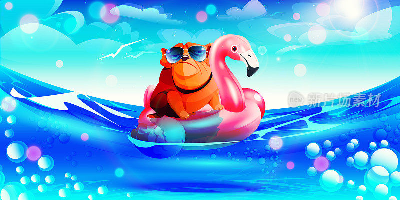 卡通风格的海滩度假概念。一只粉红色的充气火烈鸟和一只正在水中晒太阳的斗牛犬，背景是夏季阳光明媚的热带景观。