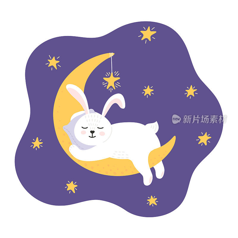 可爱的兔子在月亮上睡得很紧