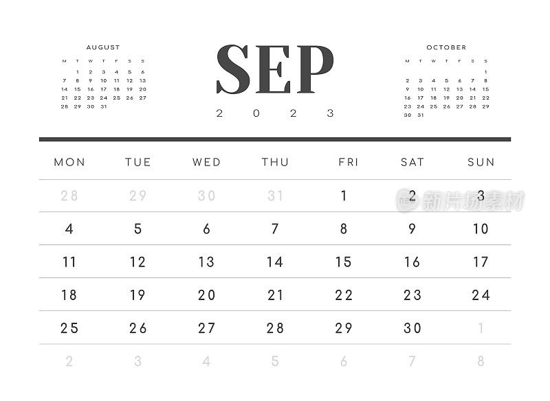 2023年9月月历模板。矢量布局简单日历与周开始星期一。
