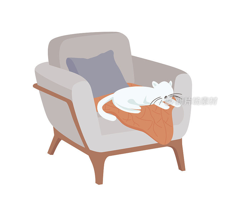 可爱的猫咪在扶手椅上休息半平面的颜色矢量字符