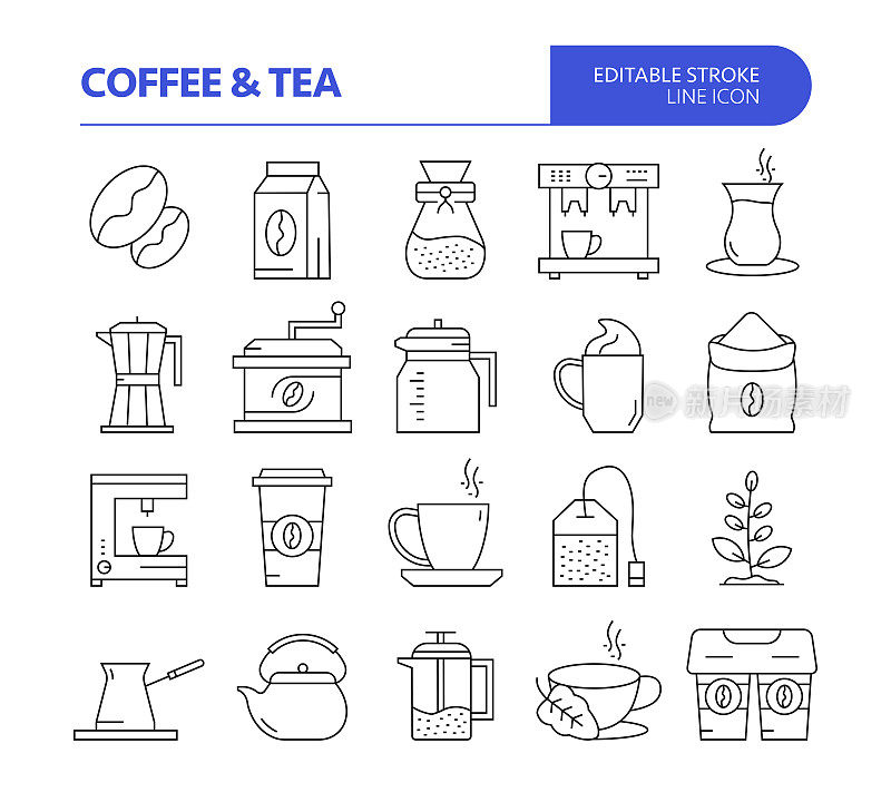 咖啡和茶相关的线矢量图标集。可编辑的中风。咖啡豆，咖啡艺术，拿铁，美式咖啡，咖啡店。