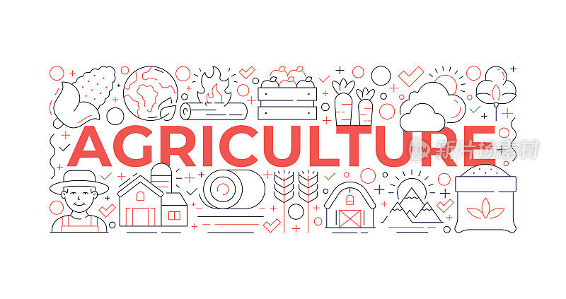 农业和农业网络横幅设计模板与线条艺术图标