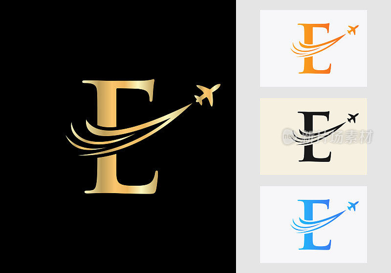 字母E旅行标志概念与飞行的飞机符号