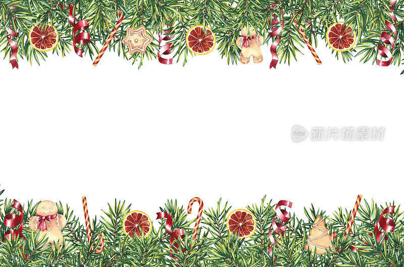 喜庆的圣诞贺卡框架。水彩插图。用圣诞树的树枝和糖果。