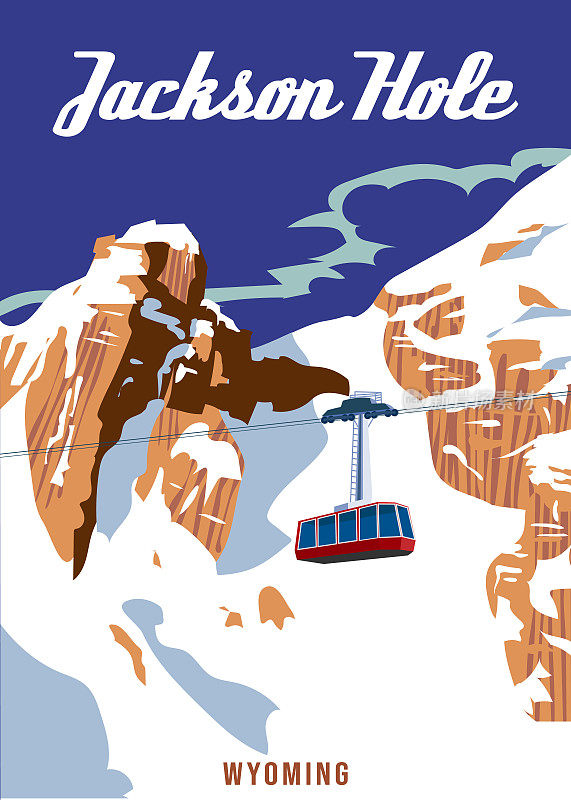 旅游海报杰克逊洞度假村复古。怀俄明州美国冬季风景旅游卡