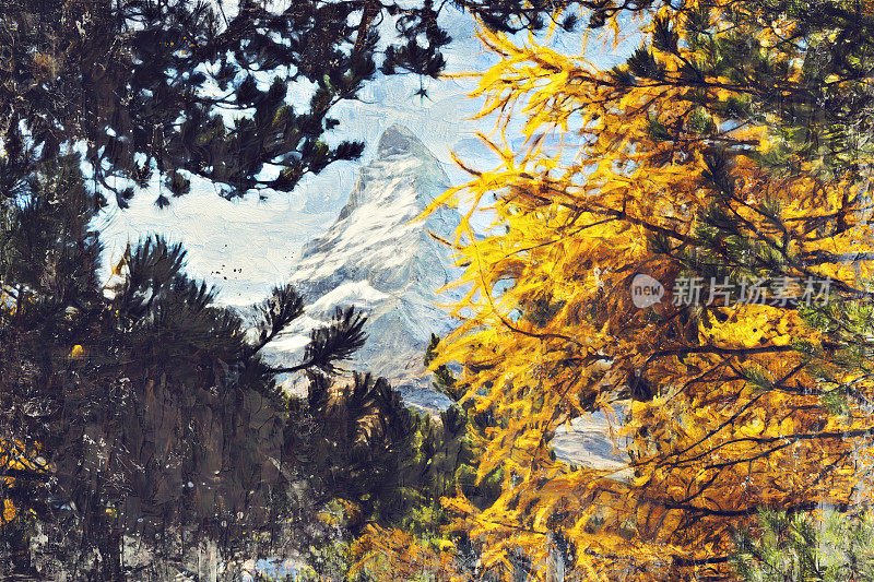 在瑞士采尔马特，Impasto油画美丽的马特洪峰秋景。