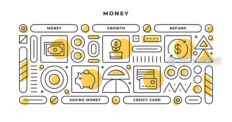 金钱信息图表概念与几何形状和增长，退款，存钱，信用卡线图标