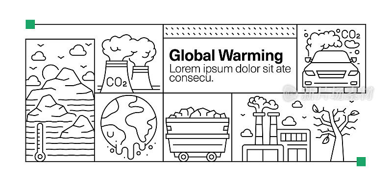 全球变暖线图标集和横幅设计