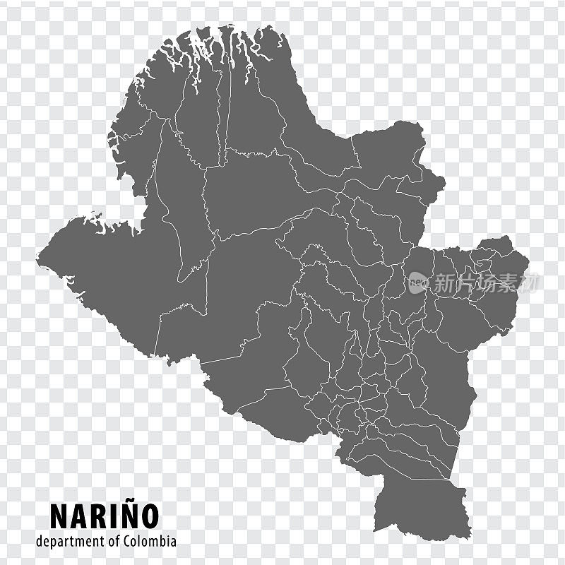 哥伦比亚纳里诺省地图透明背景。空白地图Narino与灰色区域为您的网站设计，标志，应用程序，UI。哥伦比亚。EPS10。