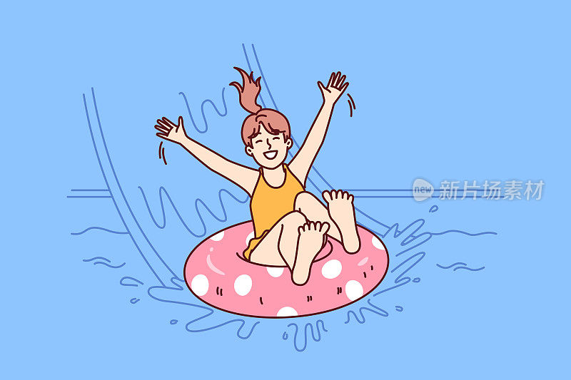 小女孩在游泳池里漂浮在充气环上，享受在阳光明媚的夏天参观水上公园