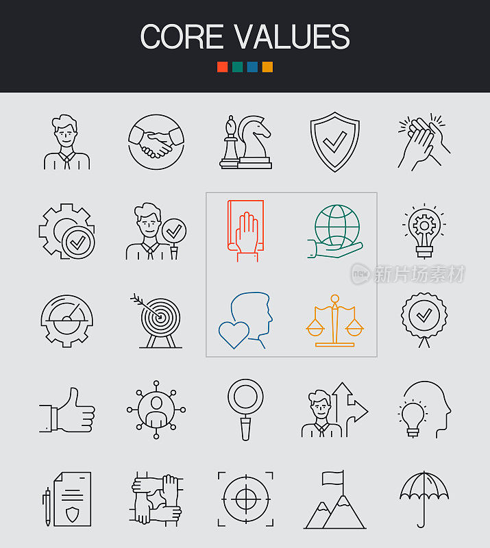 核心值线图标可编辑笔画。责任、诚实、信任、品质、愿景、诚信