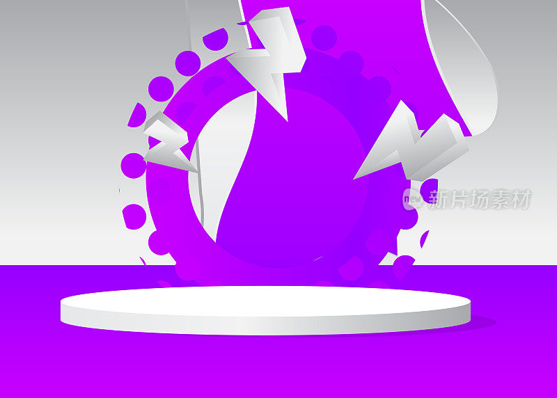 未来的白色和紫色舞台展示，圆柱形基座讲台。科幻最小抽象向量3D房间。模型产品展示几何形式，空场景进行展示。