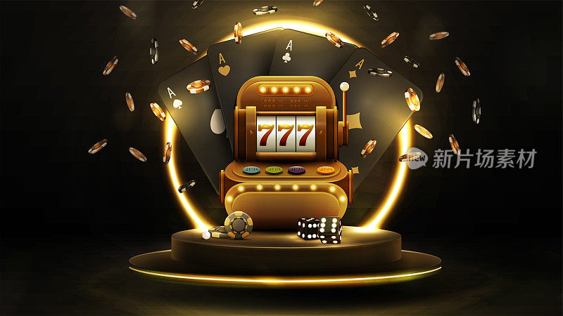 黑色海报与黑色扑克牌，老虎机，骰子和筹码在讲台上与金色霓虹灯戒指的背景