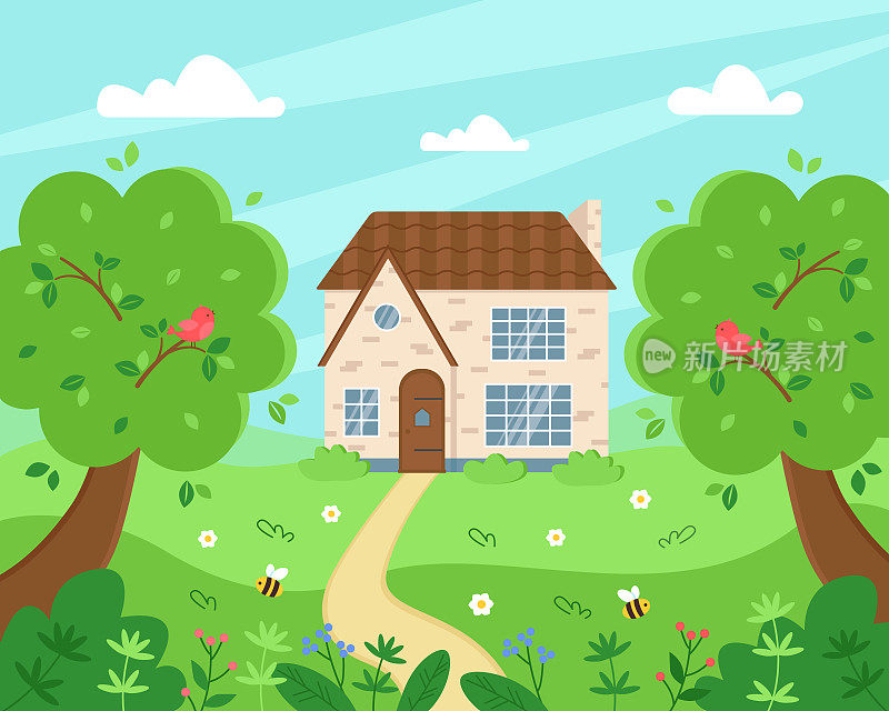 春天的风景有可爱的砖房和绿草如茵的花鸟，夏天或春天的风景。矢量图
