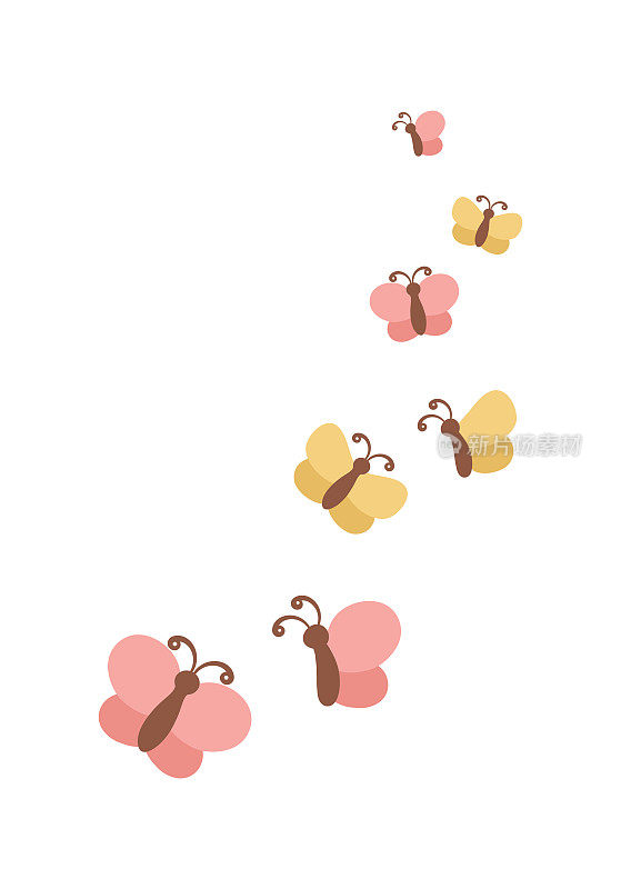 可爱的蝴蝶群卡通。春夏自然矢量插图