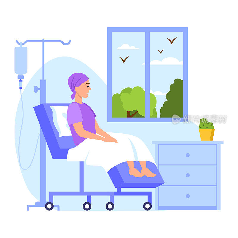 癌症患者的载体图。卡通场景，一个女孩在医院病床上的白色背景下悲伤地看着窗外。严重的疾病。医学和科学。