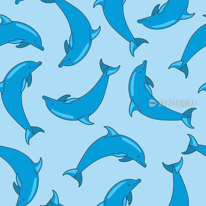 矢量无缝图案与可爱的海豚在蓝色背景。手绘海洋动物。卡通人物。