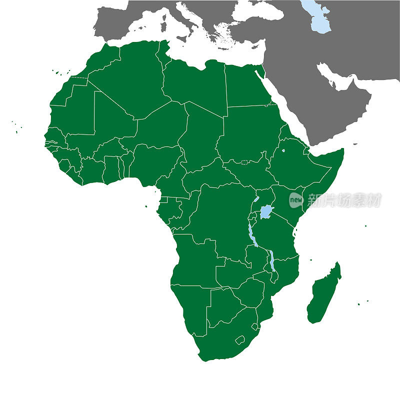 非洲大陆，边界，地中海沿岸和阿拉伯半岛的地图
