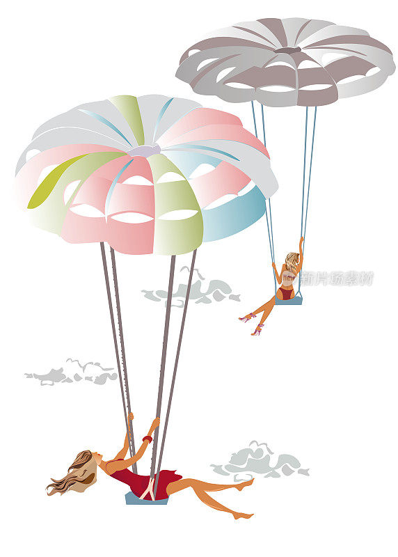 系列夏季背景与夏季活动:女孩滑翔伞在海浪。