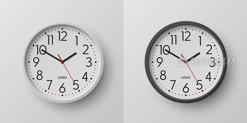 矢量3d现实圆形黑色，白色墙壁办公室时钟与白色时钟拨号设置特写隔离。采购产品手表，设计模板，模型为品牌，广告。前视图