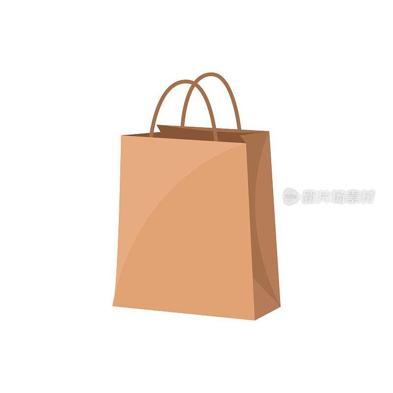 纸袋与处理矢量插图。卡通隔离棕色方形零废弃手提袋，用于时尚产品和服装，站立，食品包装从杂货店
