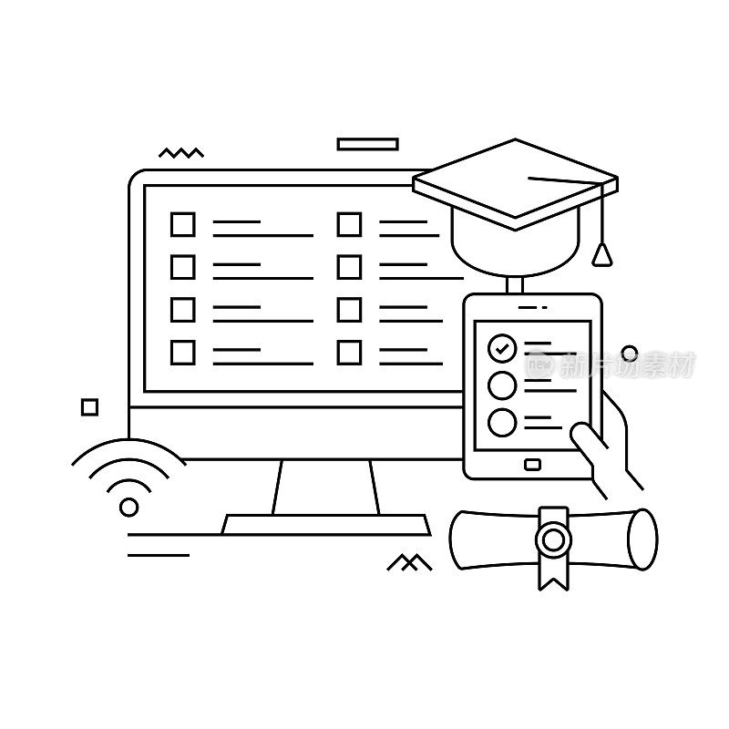 矢量集插图在线考试概念。线条艺术风格的背景设计，网页，横幅，海报，印刷品等。矢量插图。