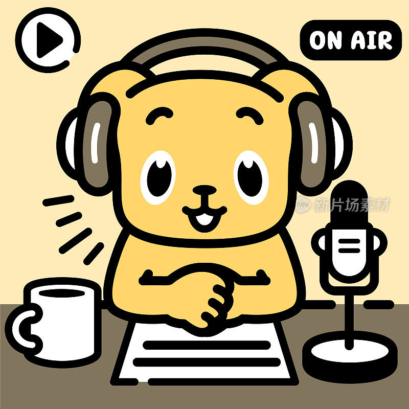 戴着耳机的拉布拉多犬电台主持人或播客主持人正在制作电台节目或直播