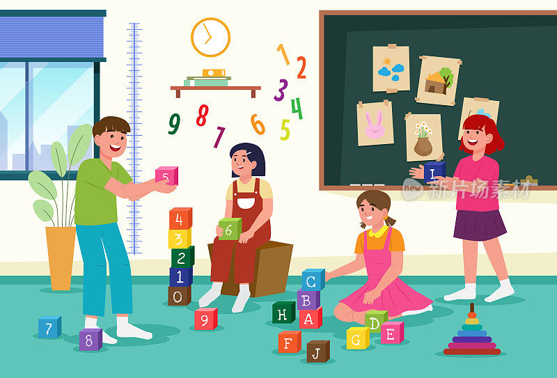 一个活动室的场景，孩子们玩数学玩具游戏，用计算插图说话。