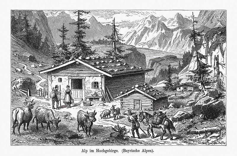 高山中的高山(巴伐利亚阿尔卑斯山)，木刻，1894年出版