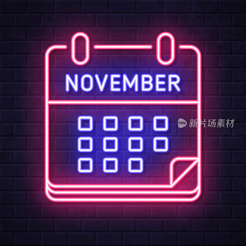 11月日历。在砖墙背景上发光的霓虹灯图标
