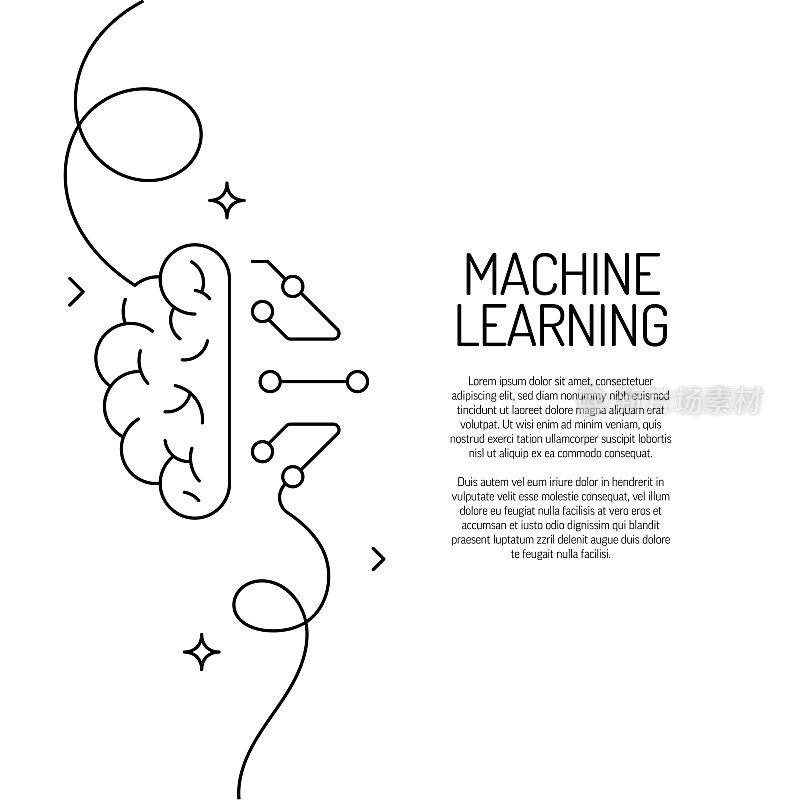 机器学习图标的连续线条绘制。手绘符号矢量插图。