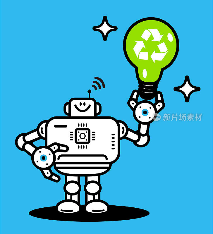 一个人工智能机器人拿着一个绿色的大灯泡