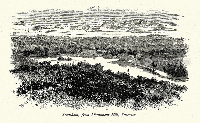 19世纪70年代，从英国斯塔福德郡蒂特张斯的纪念碑山上俯瞰特伦瑟姆大厅