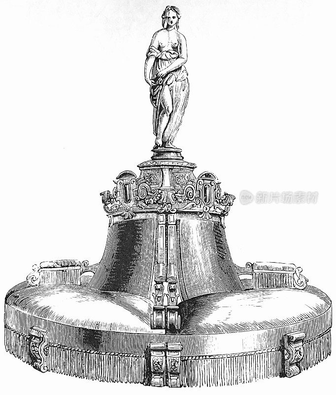 1851年伦敦水晶宫展览，圆形沙发，上面有一个女人雕像