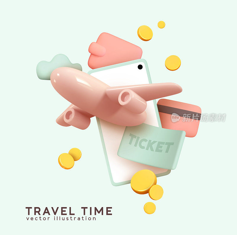 旅行时间。通过手机在线支付机票。飞机在智能手机。创意与现实的3d设计。业务概念容积图标。矢量图