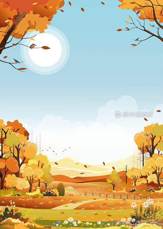 秋天的农田景观与蓝天背景，秋天的季节在农村与多云的天空和太阳，山，草地在橙色的树叶，矢量旗帜为秋天的背景